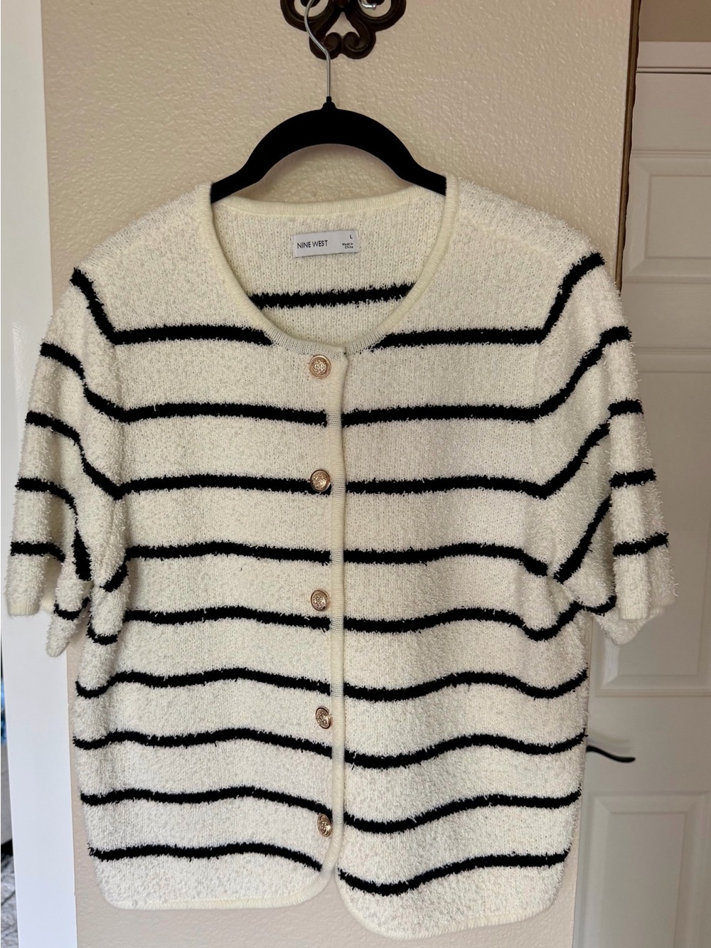 Nine West Cream and Black Striped Short-Sleeve Sweater Cardigan